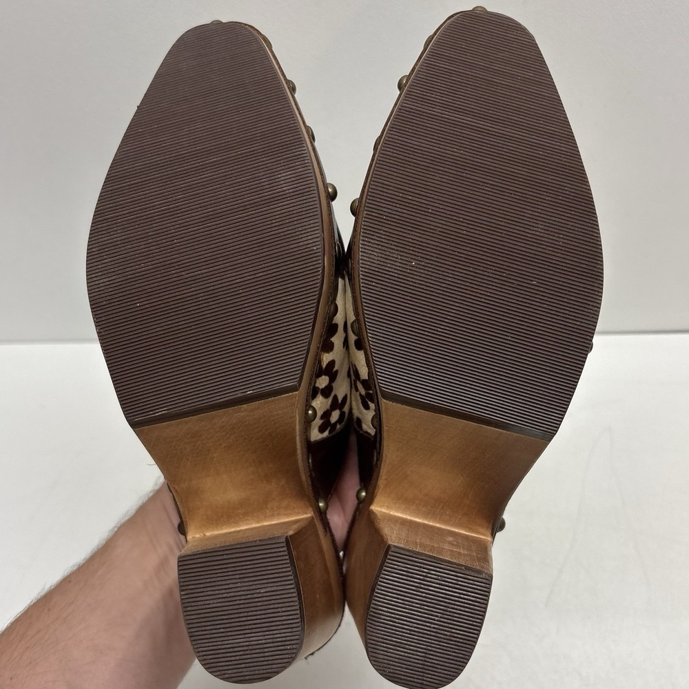 VTG Paris Blues Size 6.5 Brown White Cow Daisy Print Freda Wooden Platform Clogs - Picture 11 of 11